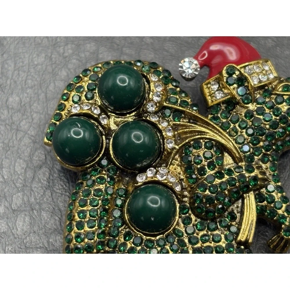 Christmas Mouse Santa Brooch Green Rhinestone Red Enamel Hat Gold Tone